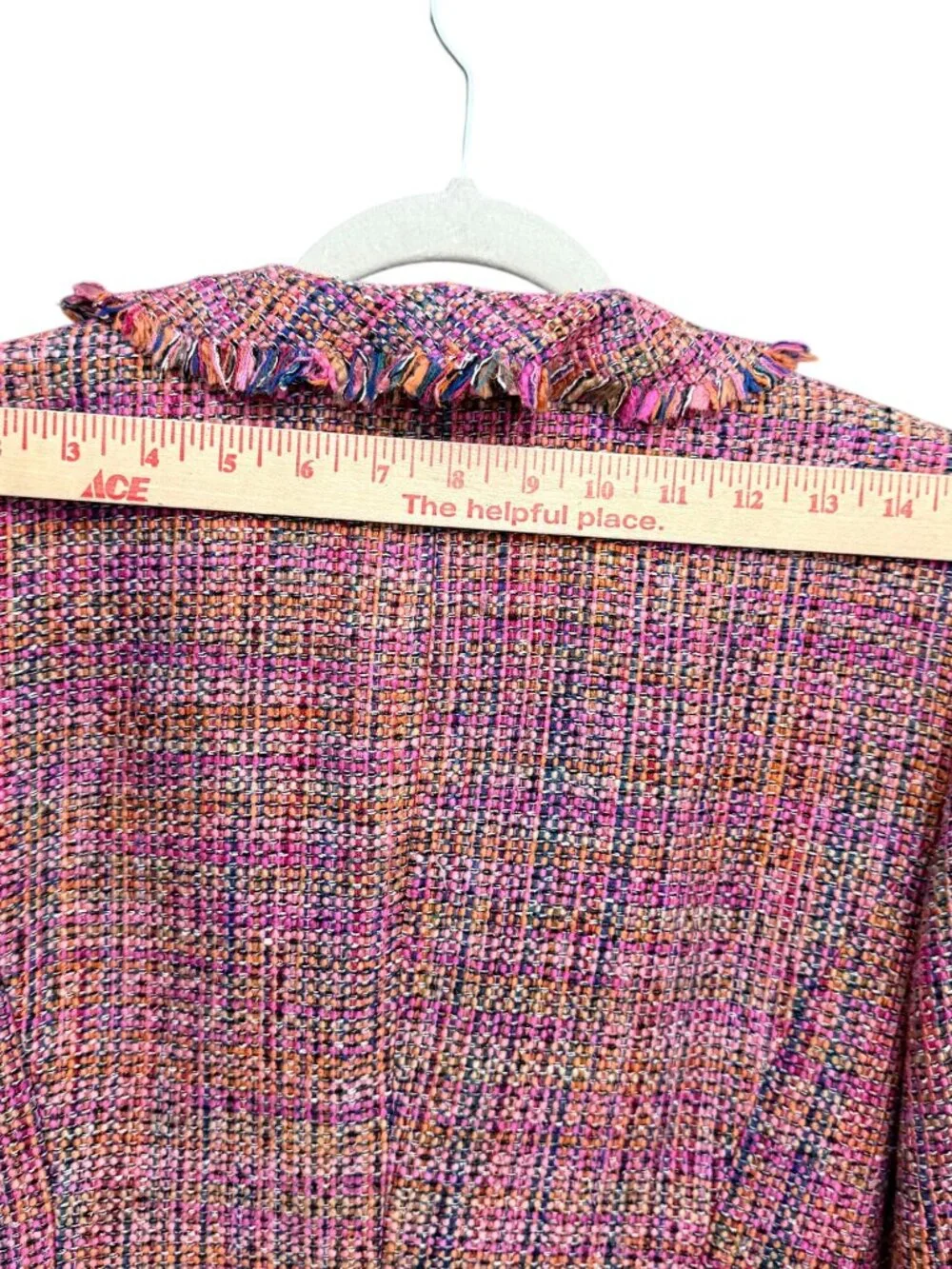 I C E Jacket Fringed Trim Ruffle Collar Tweed Women 12 Lined Pink Purple - Picture 12 of 14